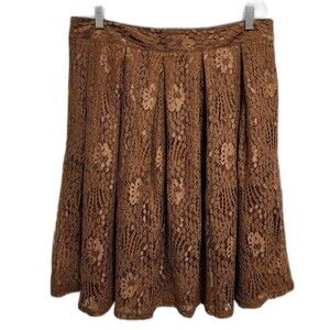 Girstunm Skirt Womens XXL Brown Floral Lace Pleated A Line Knee Boho Cottagecore